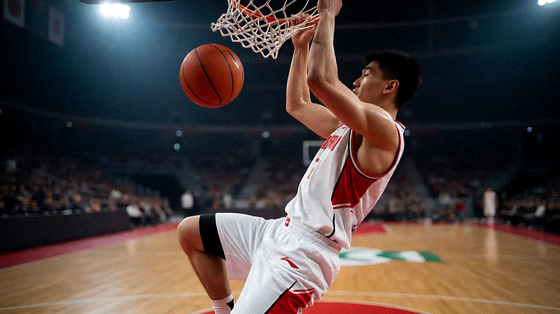 篮球比赛中的扣篮瞬间,球馆灯光聚焦在球员身上